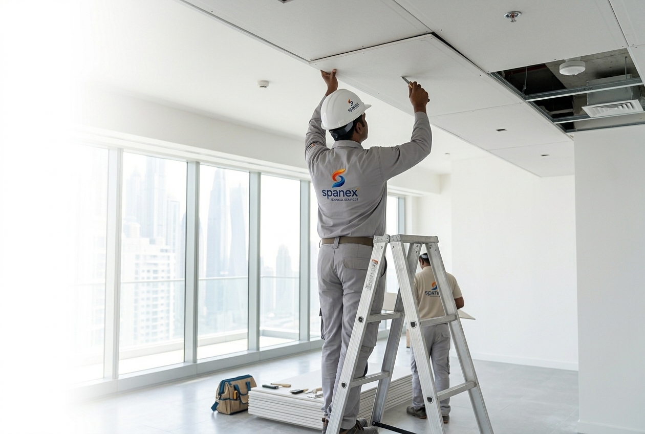 Spanex technicians installing suspended ceiling panels in Dubai
