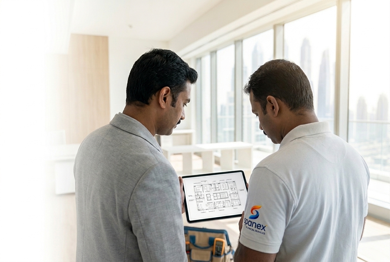 Spanex technician surveying a Dubai apartment before renovation