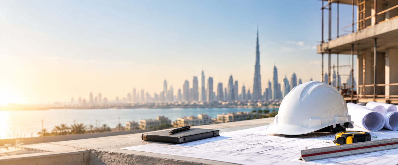 Construction plans and safety equipment overlooking the Dubai skyline