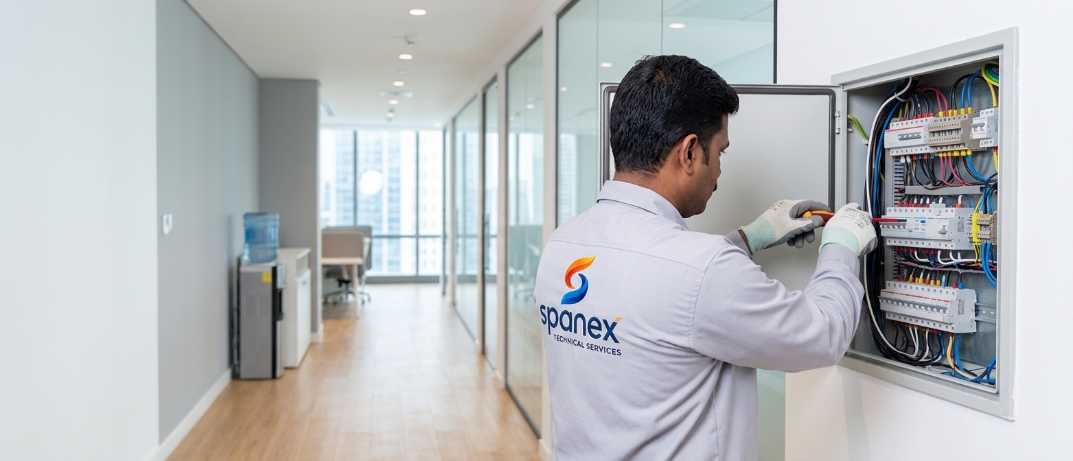 Spanex electrician servicing a distribution board in a Dubai office
