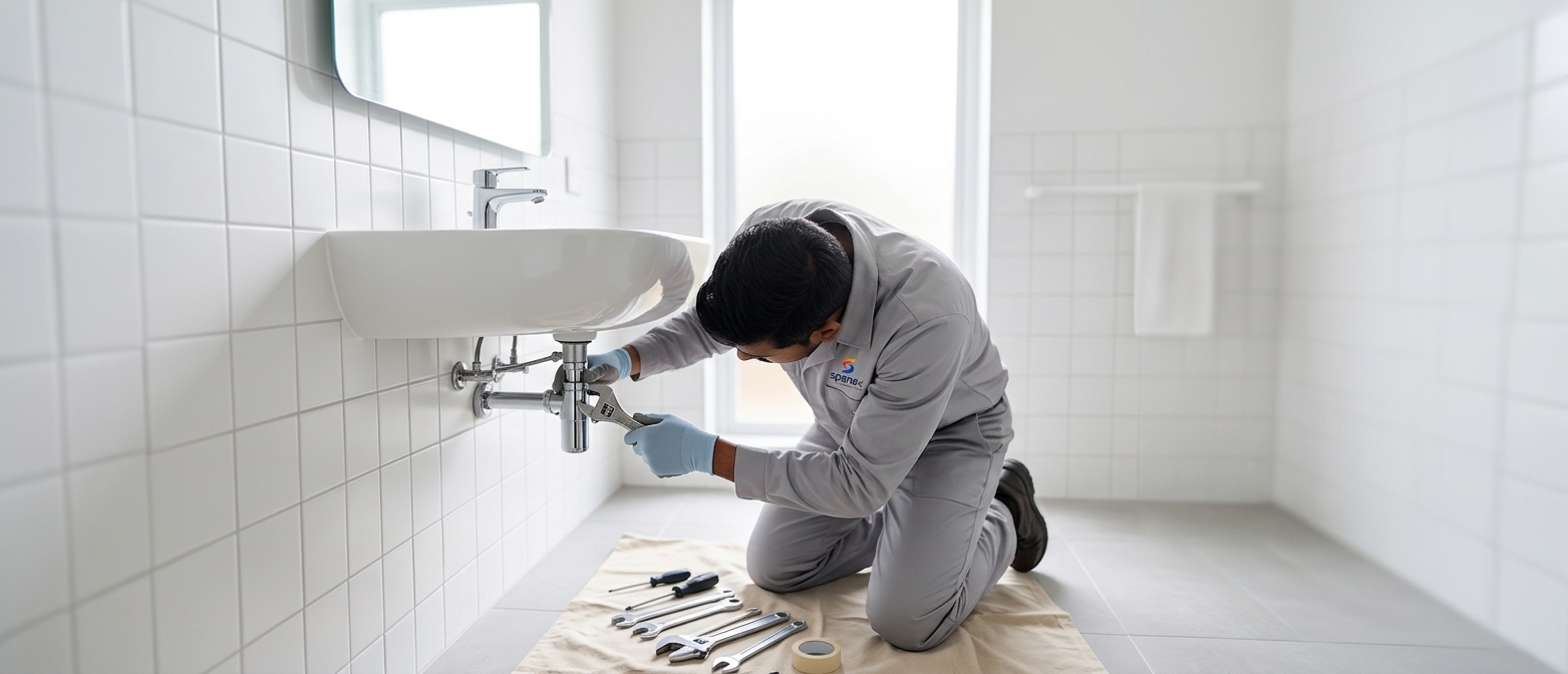 Spanex plumber repairing a washbasin in a Dubai property