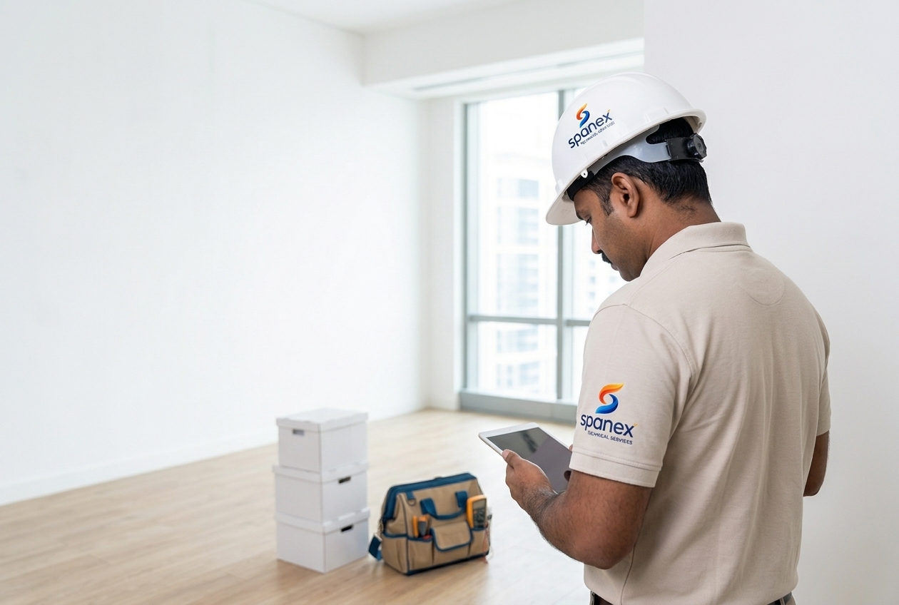 Spanex handyman installing wall decor in a Dubai residence
